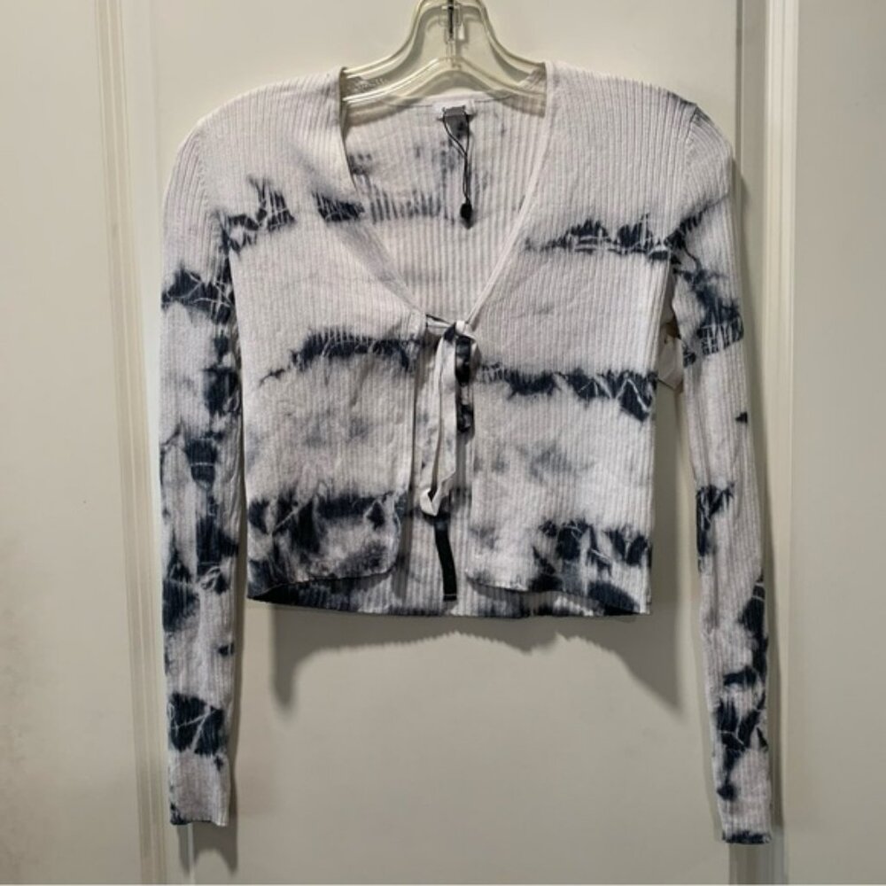 Garage White and Blue Crop Blouse with Tie Front and Ribbed Style